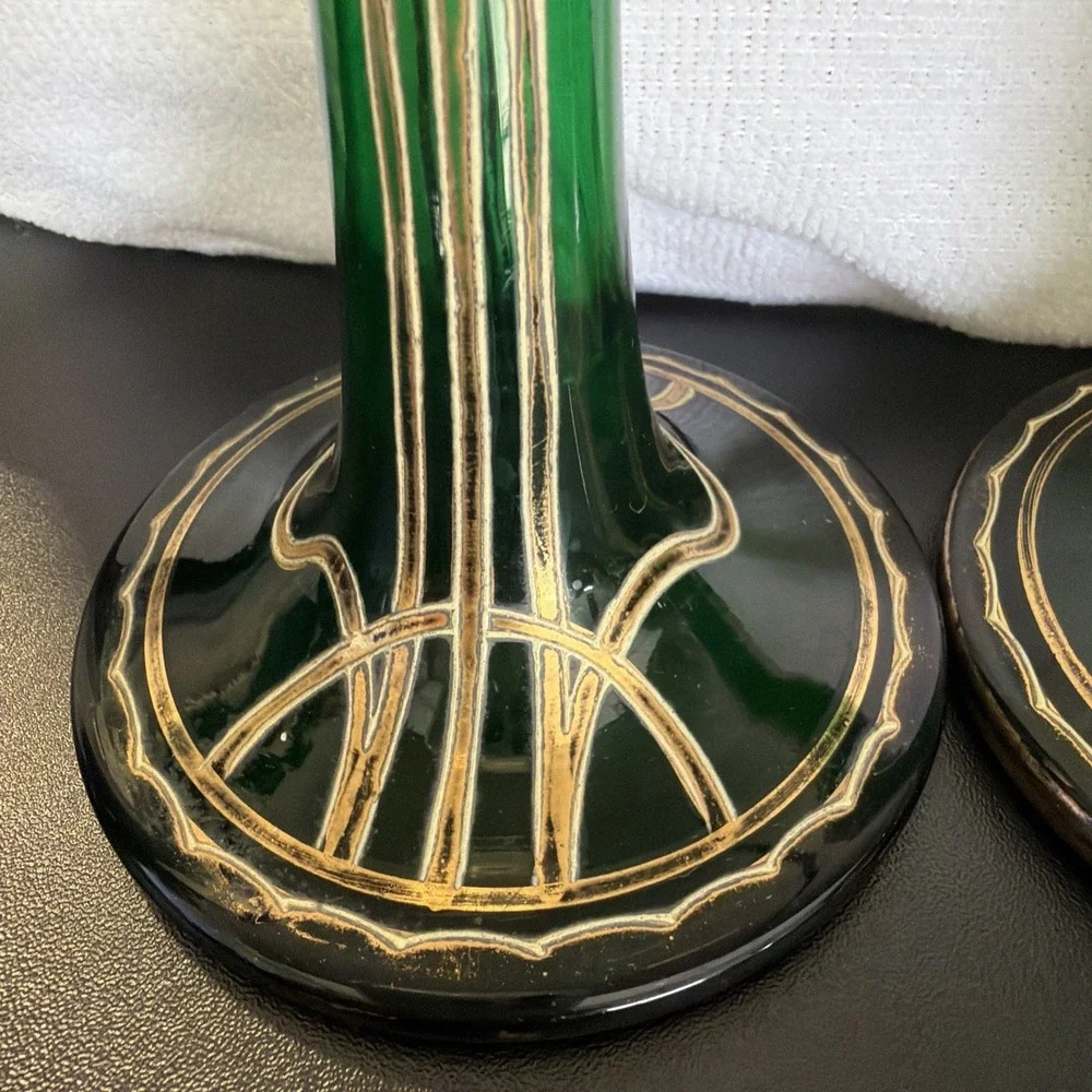 Vtg Art Nouveau Jugendstil Gold Gilded Green Satin Glass Vases 2 Ea Circa 1900s‎